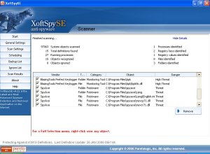 XoftSpySE Anti-Spyware Scanning Screen Information